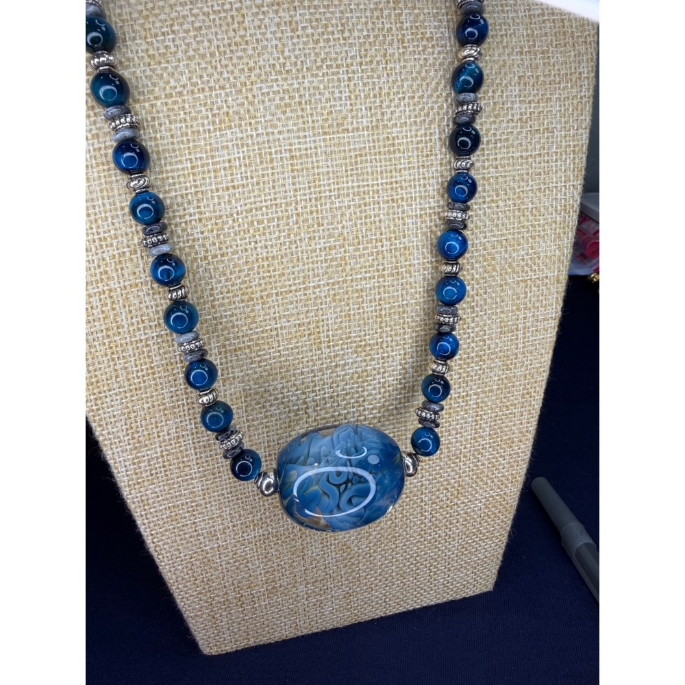 Blue Tiger Eye Beaded Necklace with Artisan Lampwork Glass Floral Focal Bead - Picture 2 of 5